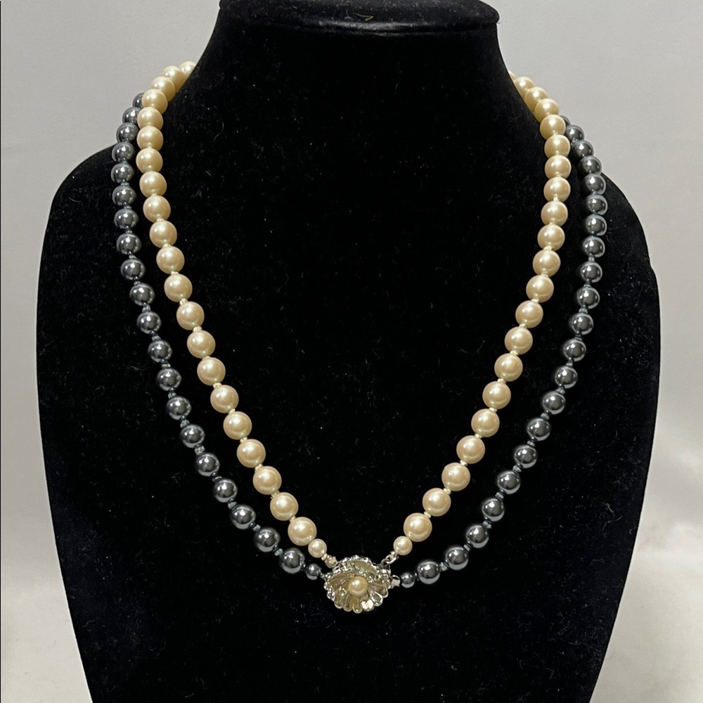 Double Strand Knotted Elegant Cultured Pearls Flower Clasp 22”Necklace